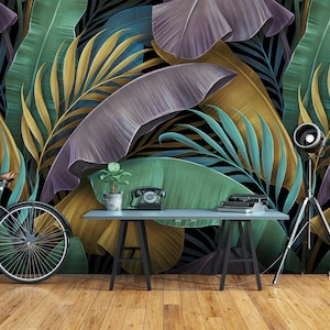 Tropical exotic wallpaper, Pastel colorful banana leaves, palm, peel and stick wall mural, self adhesive, tropical wall decor image 4