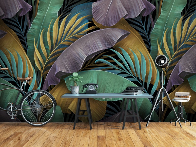 Papier peint exotique tropical, feuilles de bananier colorées pastel, palmier, peinture murale à peau et bâton, auto-adhésif, décoration murale tropicale image 4