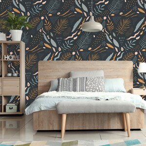 Natural tropical wallpaper on dark , self adhesive wallpaper, peel and stick wall mural, tropical wall decor