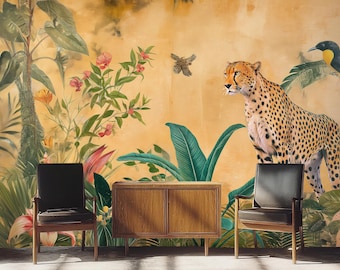 Papier peint guépard feuilles tropicales, décoration murale botanique vintage (à filmer ou à coller ou en vinyle)