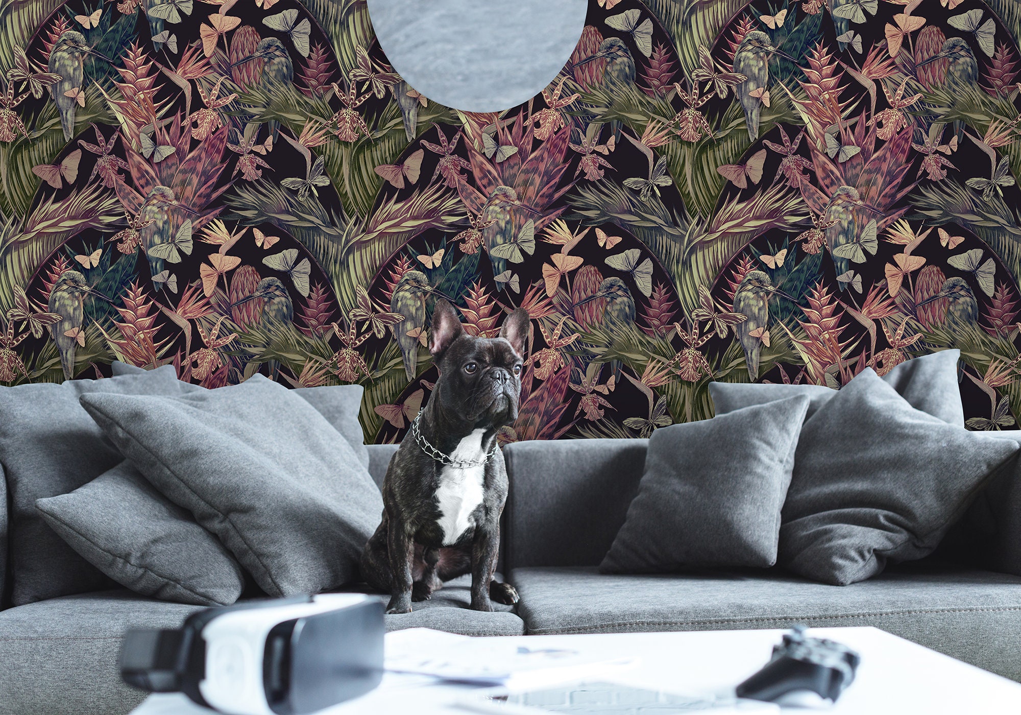 Dark Purple Wallpaper With Tropical Leaves Butterflies and - Etsy