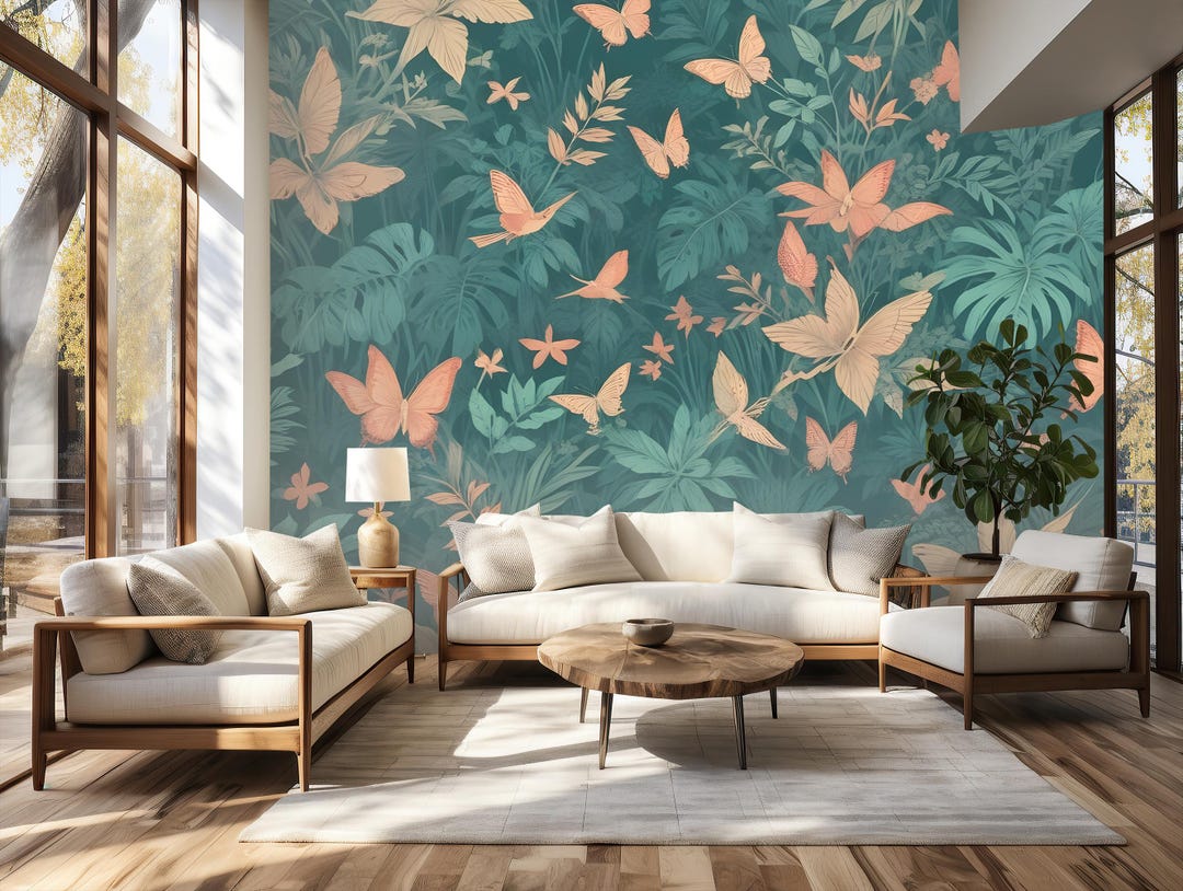 Tropical Butterfly Leaves Wallpaper, Botanical Mural Wall Art (peel and ...