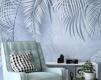 Blue tropical wallpaper, pastel palm leaves, Wall Mural, Self Adhesive (Peel and Stick), Non Self Adhesive (Vinyl/Traditional)