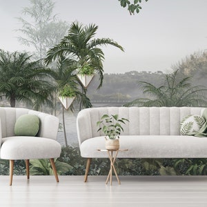 Tropical landscape wallpaper, palm leaves, Wall Mural, Removable, Self Adhesive(Peel and Stick), Non Self Adhesive(Vinyl), Wall Decor