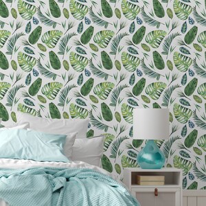 Tropical wallpaper with watercolor leaves pattern, Wall Mural, Removable, Self Adhesive (Peel&Stick), Non Self Adhesive (Vinyl), Wall Decor