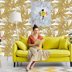 Abstrakte Tapete, Cannabis gelbes Blatt, Wandbild, schälen und aufkleben, Wanddekor, abnehmbare Tapete
