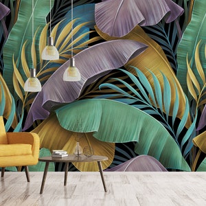 Papier peint exotique tropical, feuilles de bananier colorées pastel, palmier, peinture murale à peau et bâton, auto-adhésif, décoration murale tropicale image 2