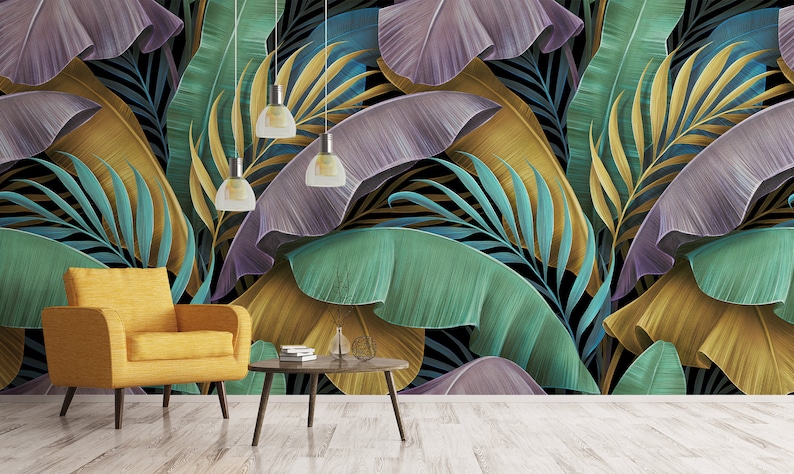 Tropical exotic wallpaper, Pastel colorful banana leaves, palm, peel and stick wall mural, self adhesive, tropical wall decor image 2