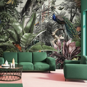 Vintage djungeltapet, tropiska fåglar, flamingo, självhäftande väggdekor