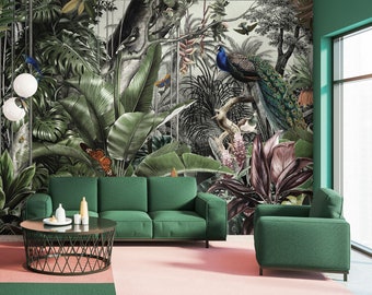 Vintage Jungle Wallpaper, Tropical Birds, Flamingo, Peel and Stick Wall Decor