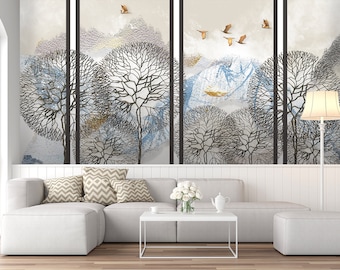 Abstract wallpaper, mountains, trees and flying birds, self adhesive wallpaper, peel and stick wall mural, tropical wall decor