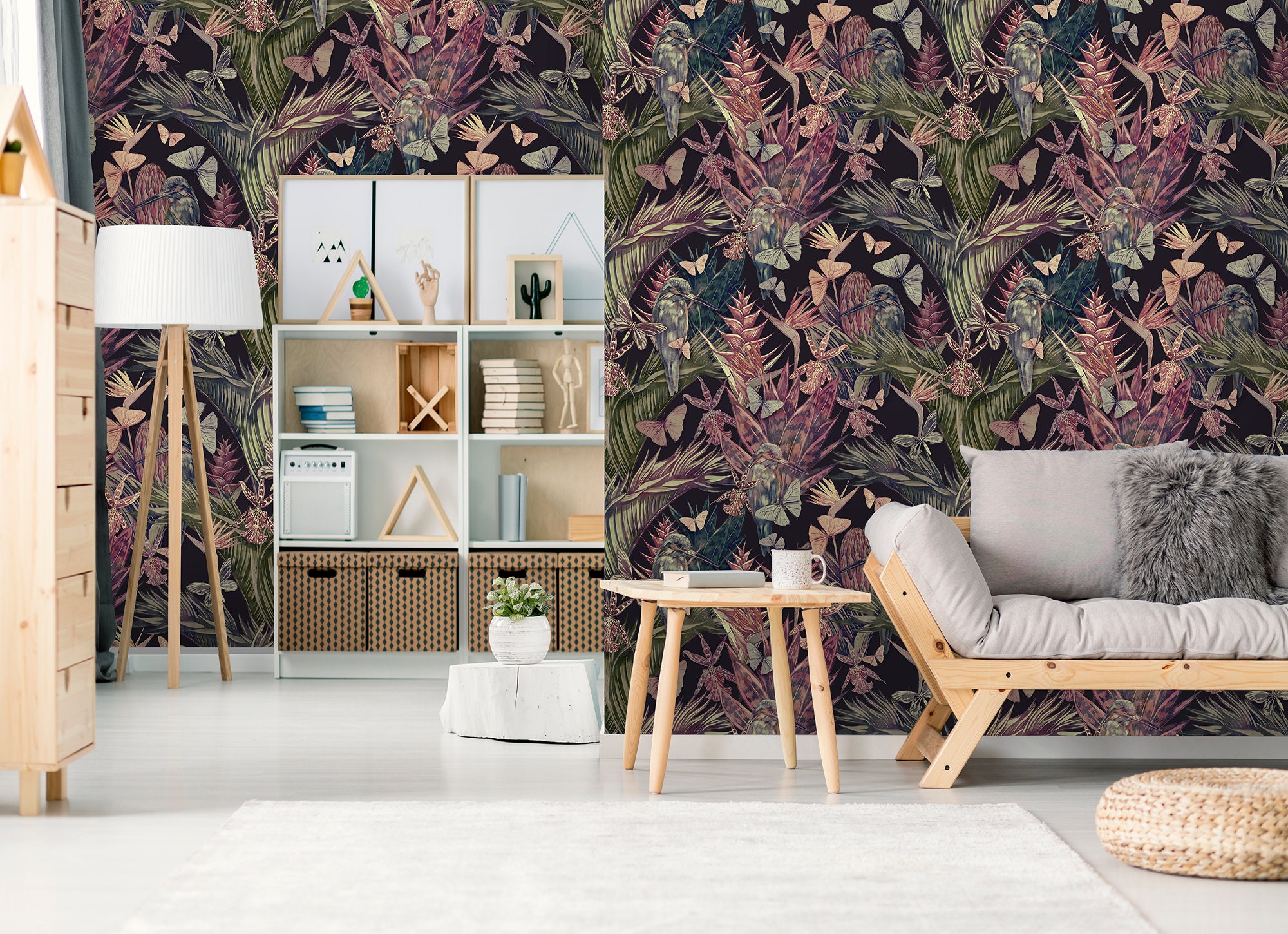 Dark Purple Wallpaper With Tropical Leaves Butterflies and - Etsy