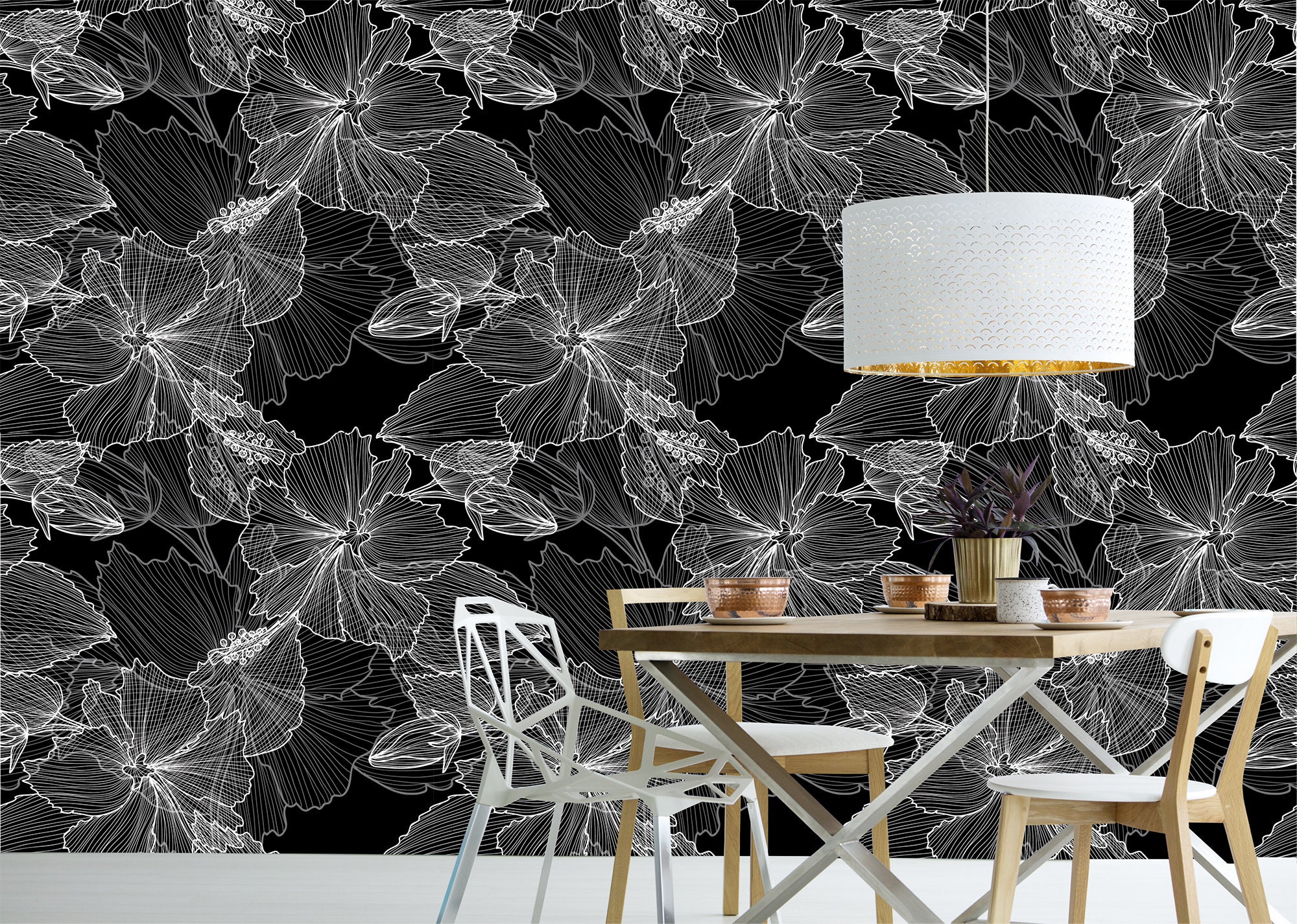 Floral Black and White Wallpaper, Tropical Peel and Stick Wall Mural - Etsy