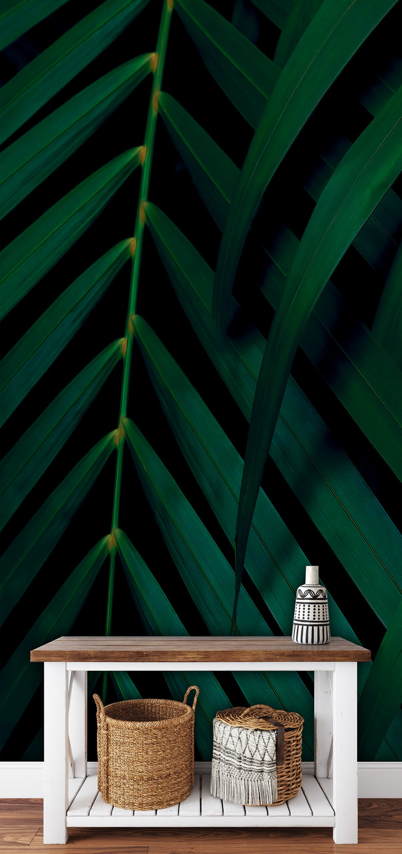 Dark Tropical Wallpaper With Palm Leaves, Jungle Wall Mural, Peel and ...