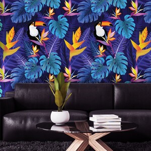 Wallpaper with flowers and toucan bird, peel and stick, self adhesive, wall decor, Removable Wallpaper