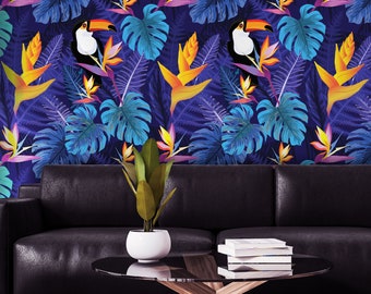 Tropical Toucan Floral Wallpaper, Peel and Stick, Removable Wall Decor