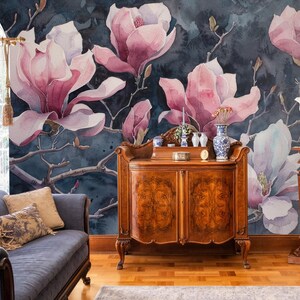 Mangolia flower dark watercolor wallpaper, floral wall mural, home decor, Removable, Peel and Stick or Non Self Adhesive (Vinyl), Wall Decor