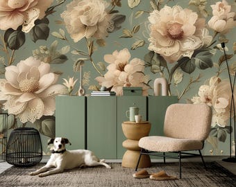Vintage Green Floral Wallpaper, Botanical Wall Mural, Removable Peel and Stick (Vinyl)