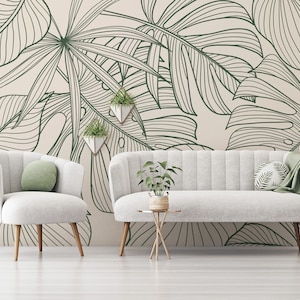 Tropical wallpaper, elegant monstera, palm leaves, Wall Mural, Removable, Self Adhesive (Peel&Stick), Non Self Adhesive (Vinyl), Wall Decor