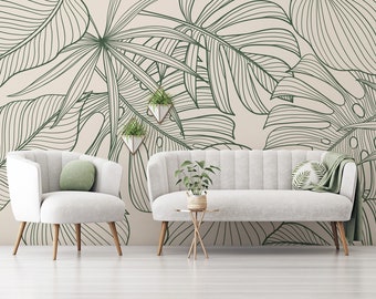 Tropical wallpaper, elegant monstera, palm leaves, Wall Mural, Removable, Self Adhesive (Peel&Stick), Non Self Adhesive (Vinyl), Wall Decor