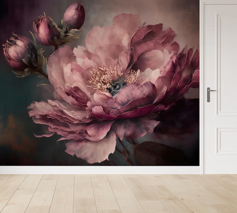 May include: A close-up of a large, pink peony flower against a dark background. The flower has many petals and is in full bloom. The petals are a deep pink colour and have a soft, velvety texture.