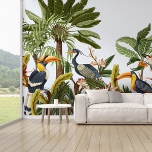 Wallpaper with birds and tropical leaves and flowers, peel and stick wall mural, tropical wall decor