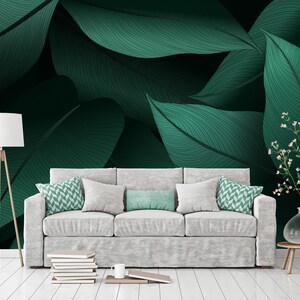 Dark green wallpaper with tropical leaves, peel and stick, self adhesive, wall decor, Removable Wallpaper