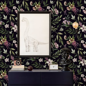 Dark floral wallpaper with hand drawn watercolor flowers and leaves, wall mural, peel and stick wallpaper, self adhesive, wall decor