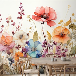 Blossom flower wallpaper, watercolor floral wall mural, home decor, Removable, Peel and Stick or Non Self Adhesive (Vinyl), Wall Decor