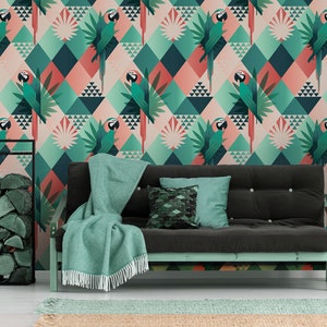 Exotic wallpaper, floral, tropical leaves, jungle, parrots, wall mural, peel and stick, self adhesive, wall decor, Removable Wallpaper