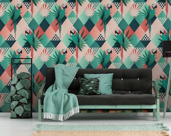 Papel de Parede Tropical com Papagaios e Folhas da Selva, Decoração Exótica de Parede Autoadesiva com Estampa Floral.