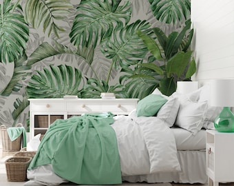 Papier peint à feuilles tropicales vertes, amovible, murale, auto-adhésif (Peel and Stick), non auto-adhésif (vinyle/traditionnel)