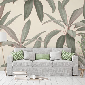Wallpaper with Cordyline fruticosa Firebrand plant, self adhesive wallpaper, peel and stick wall mural, tropical wall decor
