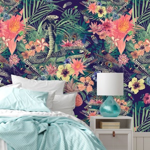 Watercolor wallpaper with cobra, flowers, leaves and feathers, peel and stick, self adhesive, wall decor, Removable Wallpaper