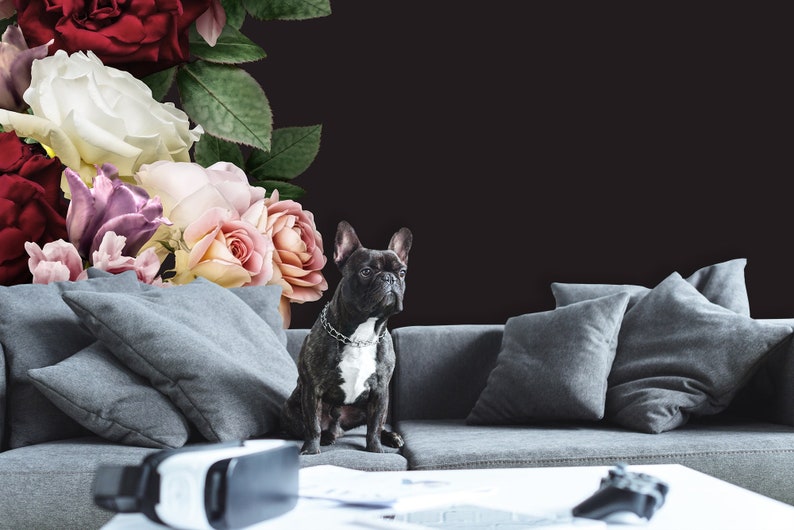 Black Wallpaper With Big Flowers Red and Pink Peonies Etsy