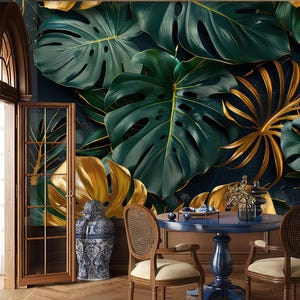 Gold tropical leaves wallpaper, botanical wall mural, home decor, Removable, Peel and Stick or Non Self Adhesive (Vinyl), Wall Decor