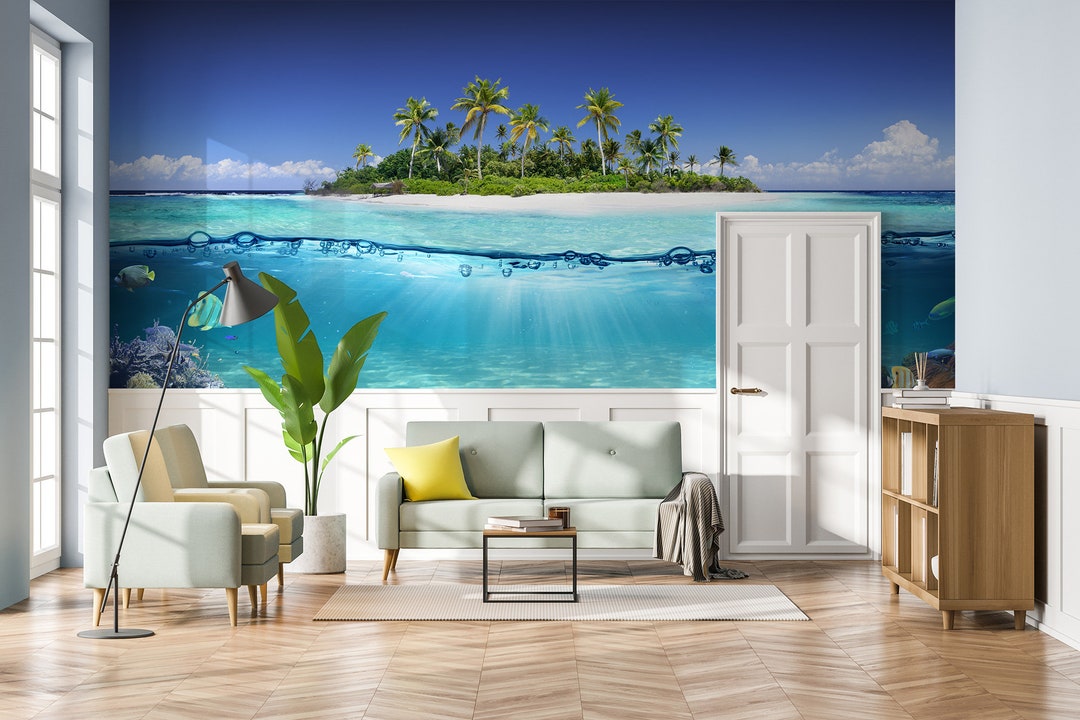 Tropical Wallpaper With an Island and a Coral Reef Wall - Etsy