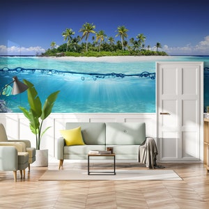 Tropical wallpaper with an island and a coral reef, wall mural, peel and stick, self adhesive, wall decor, Removable Wallpaper