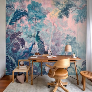 Vintage pauwenbehang, tropisch bos muurschildering, woondecoratie, verwijderbaar, peel and stick of niet-zelfklevend (vinyl), wanddecoratie