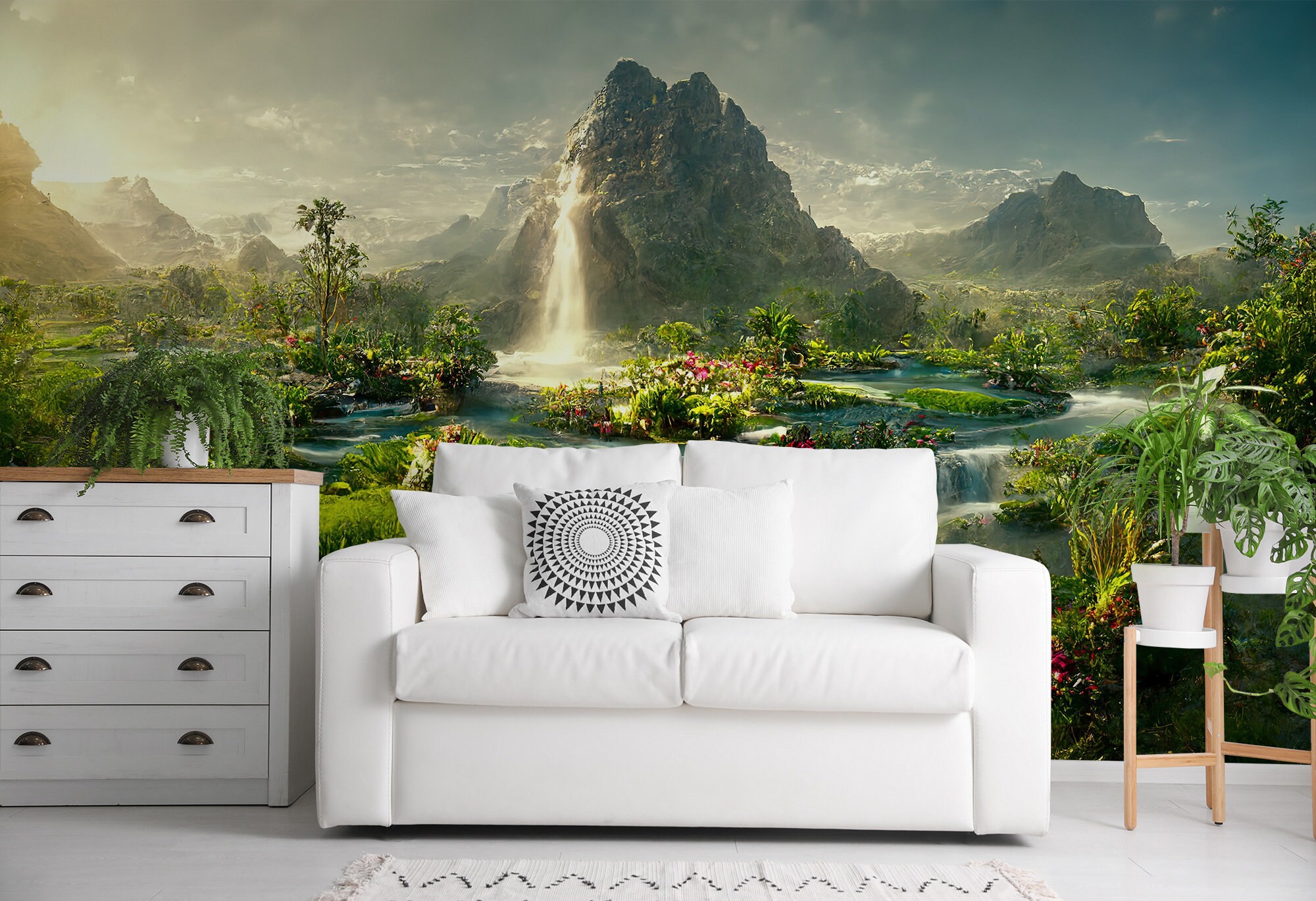 Mountain Waterfall Landscape Mural, Removable Peel and Stick Wall Decor ...