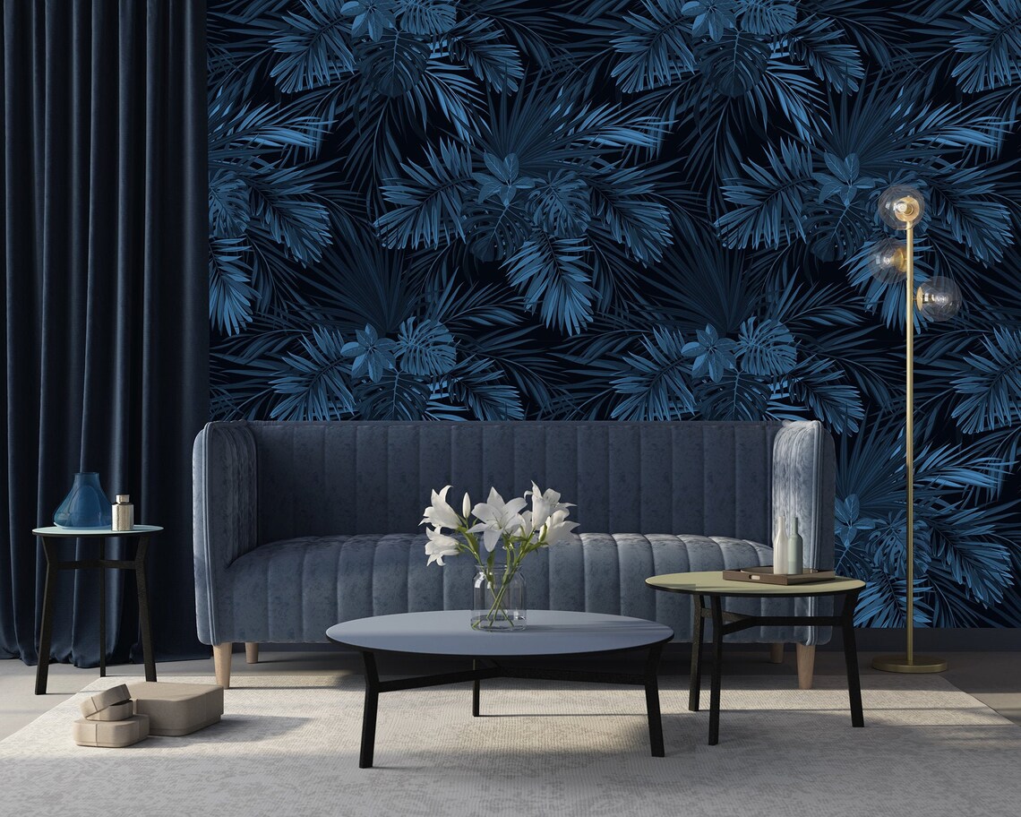 Dark Navy Blue Tropical Wallpaper with Exotic Leaves wall | Etsy