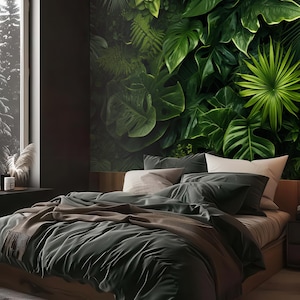 Tropical jungle wallpaper, green wall mural, home decor, Removable, Peel and Stick or Non Self Adhesive (Vinyl), Wall Decor
