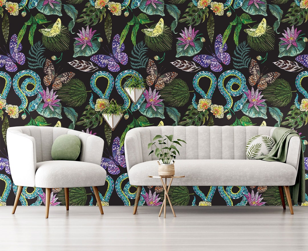 Exotic Floral Wallpaper With Butterflies, Snake and Tropical Flowers