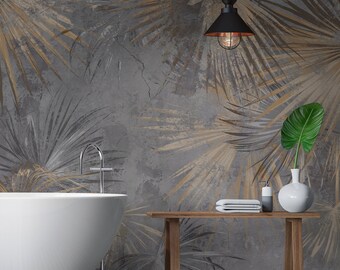 Papel pintado con hojas tropicales exóticas, mural de pared con efecto grunge de hormigón (autoadhesivo o de vinilo)