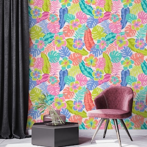 Carta da parati con foglie tropicali e fiori di ibisco, Autoadesiva (stacca e incolla), Non autoadesiva (vinile/tradizionale), Rimovibile, Decorazione murale