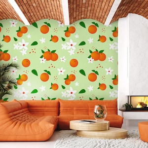 Wallpaper with fruits, oranges, white abstract floral, peel and stick, self adhesive, wall decor, Removable Wallpaper