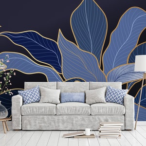 Carta da parati di lusso con foglie blu, stacca e incolla, autoadesiva, decorazione murale, carta da parati rimovibile