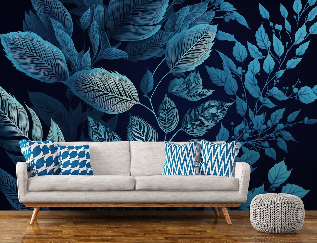 Blue Leaf Branch Wallpaper, Botanical Wall Mural (peel and Stick or ...