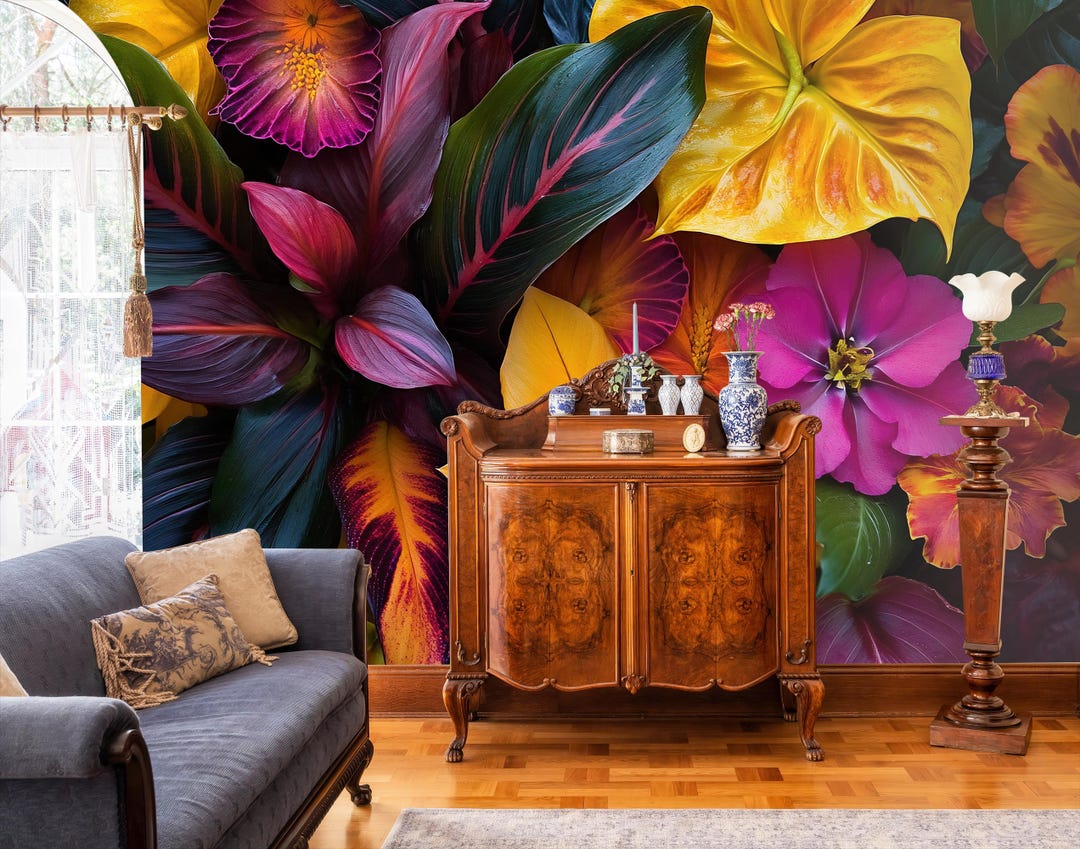 Tropical Leaves Floral Wallpaper Mural, Removable Peel and Stick Wall ...