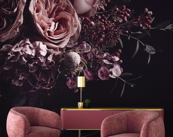 Dark Floral Bouquet Peel and Stick Wallpaper, Pink Roses Wall Art (Self Adhesive)